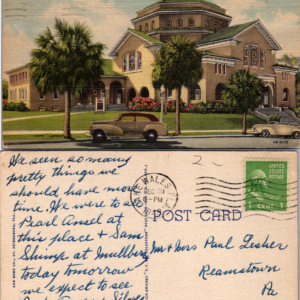 1948 Calvary Baptist Church Linen Old Car Palm Trees Florida House Vtg Postcard - Image 1