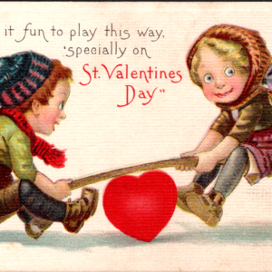 1915 Valentine's Day UNposted ANTIQUE Postcard CHILDREN SEESAW Play Ground Heart - Image 1