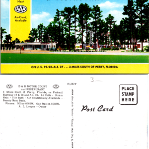 AAA D & D MOTOR COURT and Restaurant Perry FL UNPosted Vintage Old Postcard - Image 1
