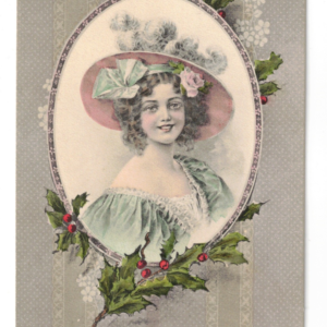 CHRISTMAS Holly UNposted ANTIQUE Postcard Woman Wallpaper - Image 1