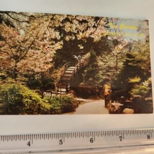 Man on Bridge Flower Trees Sidewalk Vtg Postcard Unposted Japanese Tea Garden - Image 1