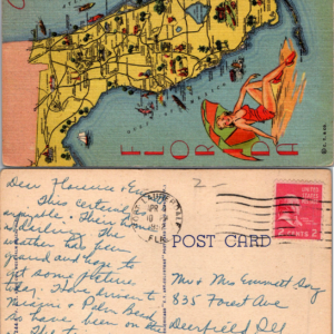 1952 Florida Map Old Vintage Postcard Girl Sun Umbrella Tourism - Image 1
