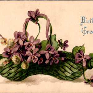 Birthday Greetings Basket Purple Flowers UNposted Embossed ANTIQUE Postcard - Image 1