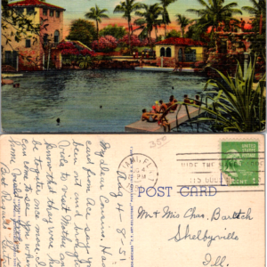 1951 Coral Gables Florida Venetian Pool Linen Postcard Posted Stamp Swim Tree - Image 1