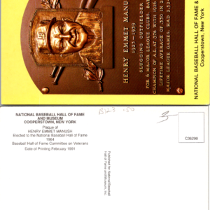 HENRY EMMET MANUSH VTG 1991 Postcard National Baseball Hall Fame - Image 1