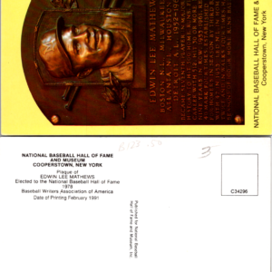 EDWIN LEE MATHEWS VTG 1991 Postcard National Baseball Hall Fame - Image 1