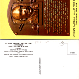 GEORGE MARTIN WEISS VTG 1991 Postcard National Baseball Hall Fame - Image 1