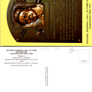 BURLEIGH ARLAND GRIMES VTG 1991 Postcard National Baseball Hall Fame - Image 1