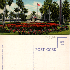Curt Teich Miami Florida Bayfront Park Bandshell Postcard Unposted Flag Flower - Image 1