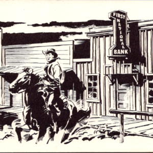 Black & White Cowboy 1st National Bank Oregon Frontier Village Postcard Unposted - Image 1