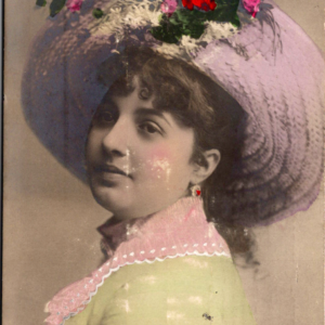 Multi Language Antique Woman Flowers Hat Postcard Unposted - Image 1