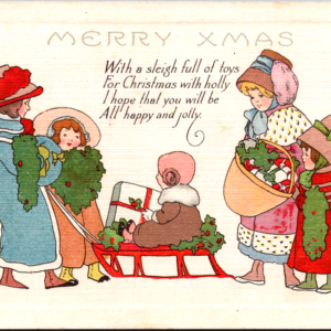 c1920 Merry Xmas CHRISTMAS Sleigh Kids Presents UNposted ANTIQUE Postcard - Image 1