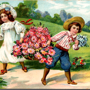Birthday Greetings Saxony Children UNposted ANTIQUE Postcard Flowers Path Hills - Image 1