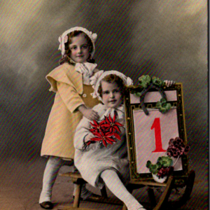 DENMARK 1914 Children NEW YEAR Sled Posted ONE Cent Stamp ANTIQUE Postcard - Image 1