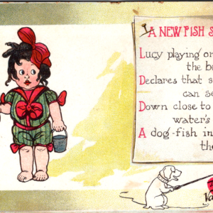 1910 Valentine's Day Fish Story Girl Dog Posted ONE Cent Stamp ANTIQUE Postcard - Image 1