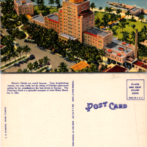 Flamingo Hotel Miami Florida Aerial Building Gulf Unposted Glam Vintage Postcard - Image 1