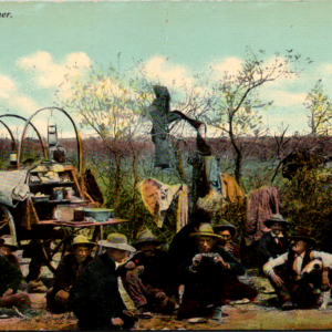 1911 Cowboys at Dinner Trail Stage Coach Camp Postcard Posted ONE Cent STAMP - Image 1