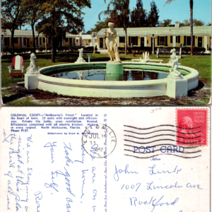 Colonial Court Melbourne Florida Postcard Motel Fountain Photo 55129 Posted 1952 - Image 1