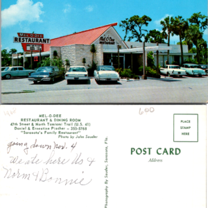 Mel-O-Dee Restaurant & Dining Room Sarasota FL Postcard John Sauder 92328 - Image 1