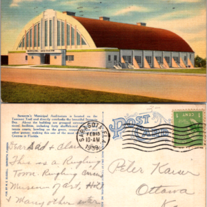 Municipal Auditorium Sarasota Florida M E Russell 64832 1939 Vintage Linen - Image 1