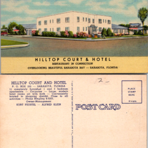 Hilltop Court & Hotel Sarasota Florida Linen Postcard Curteich IC-H1570 - Image 1