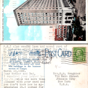 First National Bank Building Tampa Florida Hartman 1936 Postcard Vintage - Image 1