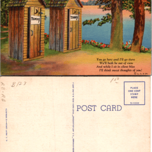 C. T. Art-Colortone Privy Cards C-271 Tommy and Tabby Outhouse Postcard - Image 1