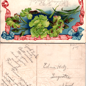 Embossed Postcard Green Carnations American Flag Bunting - Image 1