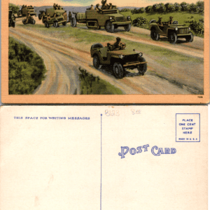 Jeeps on the War Path MA10 Linen Postcard WWII Vehicles 1940s - Image 1