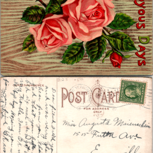 Joyous Days Pink Roses Mt. Vernon Postcard Early 1910s Vintage - Image 1