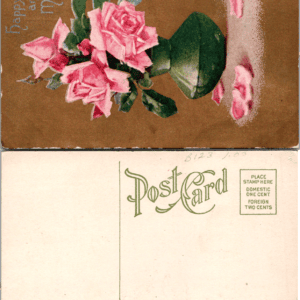 Embossed Postcard Pink Roses Green Vase Happy Days and Many Vintage - Image 1