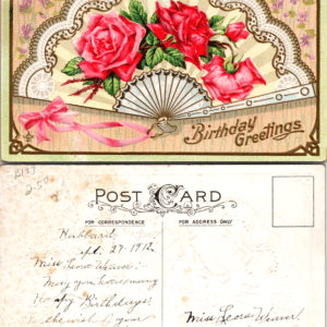 LSC Co. Series 242A 1912 Fan Red Roses Birthday Greetings Postcard - Image 1
