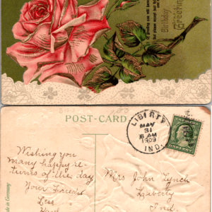 Embossed Birthday Postcard Pink Rose 1909 Liberty Indiana - Image 1