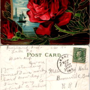 1909 Lake Indiana Red Roses Sailboat Lighthouse Postcard - Image 1
