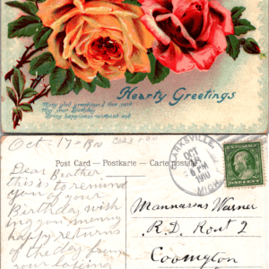 Hearty Greetings E.C.C. Serie Roses Postcard 1910 Arksville Michigan - Image 1