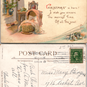 Christmas Postcard Baby in Cradle Victorian Room Printed in Germany Vintage - Image 1