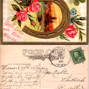 Good Luck and Best Wishes Horseshoe Roses Postcard 1910 Vintage - Image 1