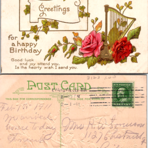 Embossed Birthday Greetings Postcard Roses Harp 1911 P.C. 228 Vintage - Image 1