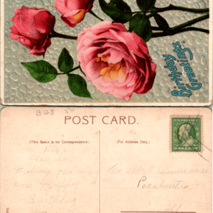 Birthday Greetings Pink Roses Embossed Postcard Printed in Germany - Image 1