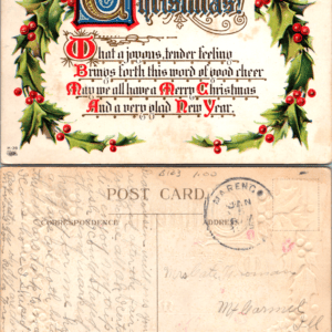 Christmas Holly Embossed Postcard M-39 Marengo Jan 1 - Image 1