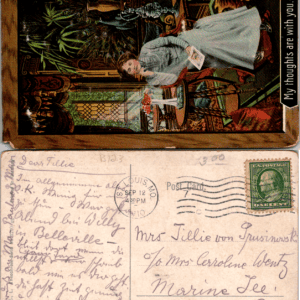 1910 Postcard Victorian Woman Reading My Thoughts Are With You - Image 1