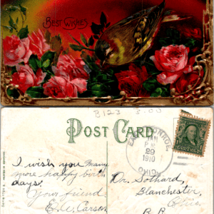 Bird Roses Best Wishes Germany 1910 Embossed Postcard - Image 1