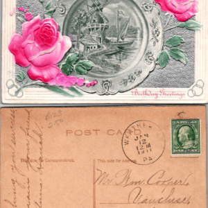 Birthday Greetings Postcard 1911 Windmill Sailboat Roses - Image 1