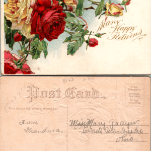 Many Happy Returns Red Yellow Roses Gold Lettering Postcard 1911 Vintage - Image 1