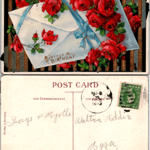 1910 Germany Red Roses Joyous Birthday Postcard Vintage - Image 1