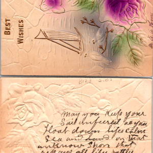 Best Wishes Purple Rose Embossed Postcard Sailboat Birds - Image 1