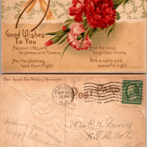 Good Wishes To You Red Carnation Embossed Greeting Postcard 1910 - Image 1