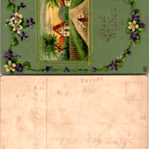 Best Wishes Embossed Postcard Purple Violets House Scene Germany - Image 1
