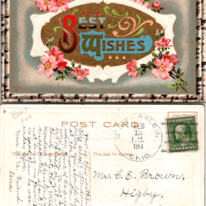 Best Wishes Postcard Pink Flowers Birch Border 1911 South Salem Ohio - Image 1