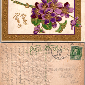 Kindest Regards Purple Violets Embossed Postcard 1910 Ohio 580 NEW - Image 1